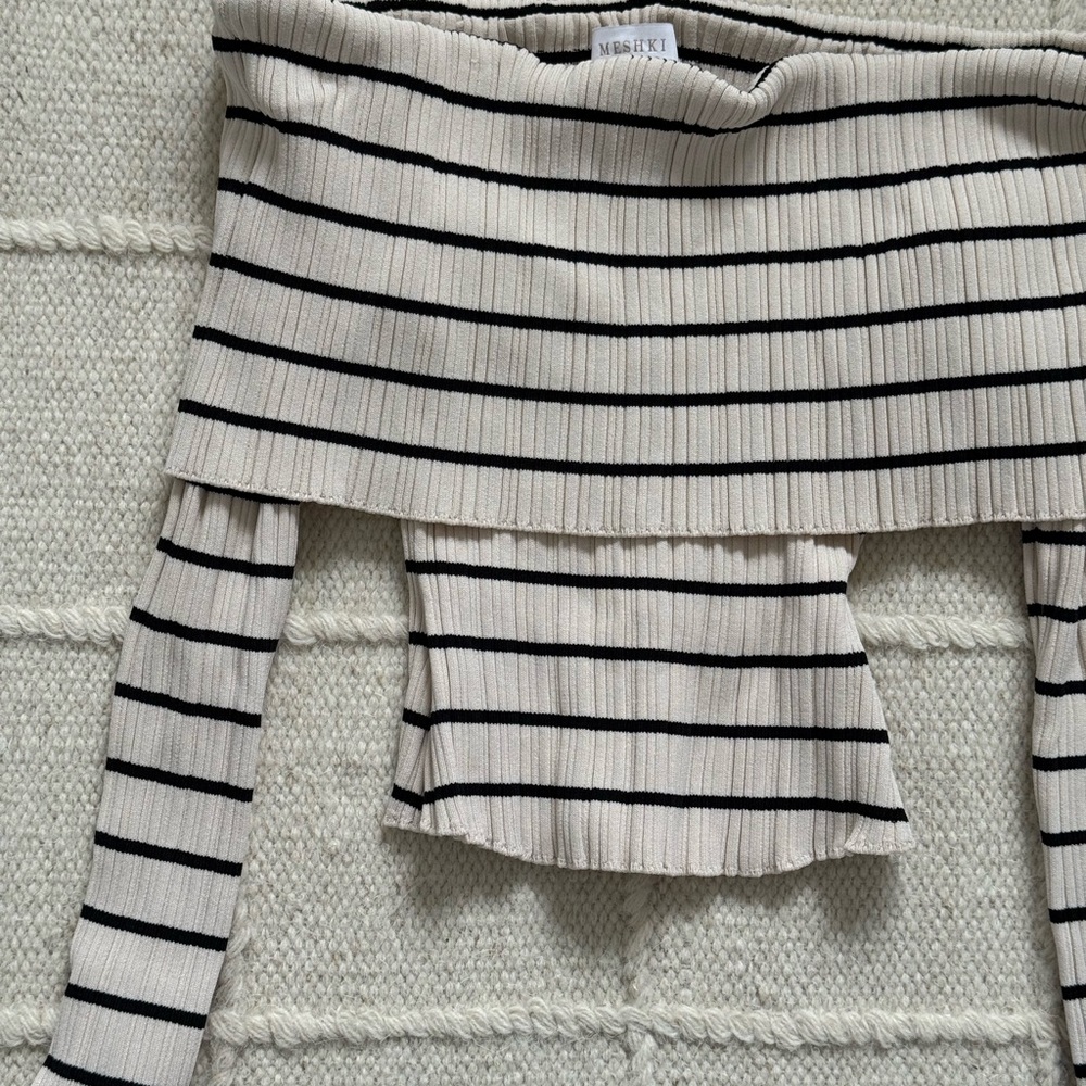 Meshki Cream Ribbed Off-Shoulder Top with Black Stripes